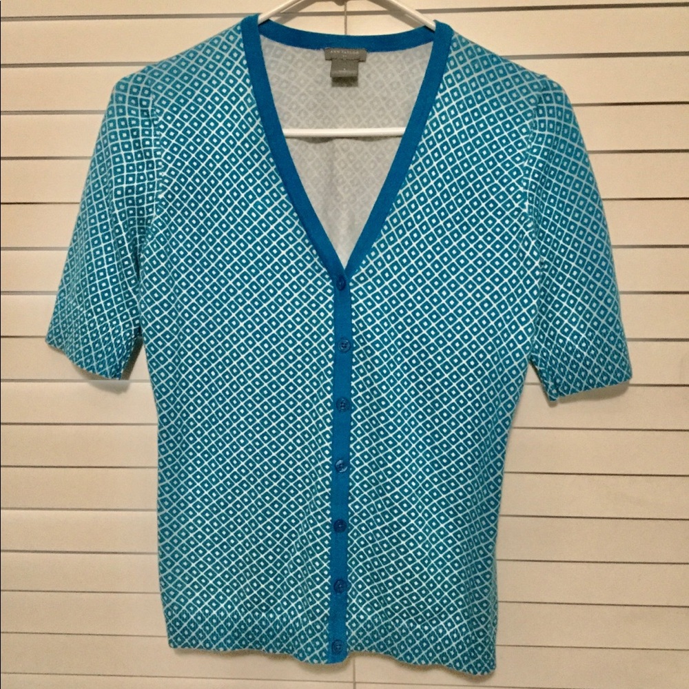 Blue and White Ann Taylor Short Sleeve Cardigan